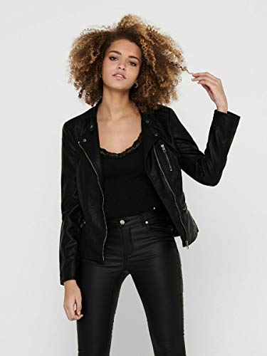 Only Leather Look Biker Jacket Chaqueta, Negro (Black), 40 para Mujer