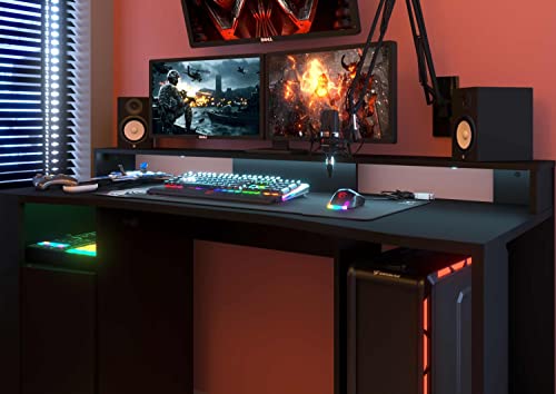 Parisot - Mesa de juegos con estantería, mesa de ordenador, mesa de ordenador, iluminación LED con cambio de color