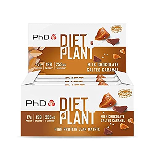 PhD Nutrition Diet Barritas Veganas de Proteínas para Dietas de Perder Peso, Caja de 12 barritas sabor Chocolate con Leche y Caramelo Salado.