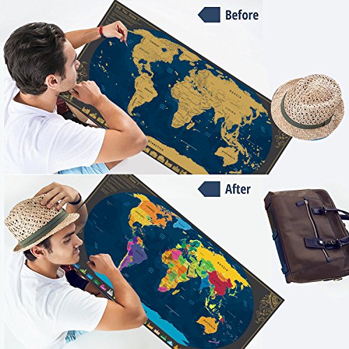 Pootack Mapa Mundi Rascar 84×42cm, Mapa del Mundo para Marcar Viajes con Pegatinas y Herramienta de Rayado, Regalos para Viajeros