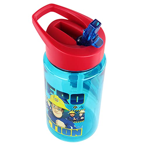P:os 27264 - Botella para niños, aprox. 450 ml, diseño transparente con dibujo de Sam el bombero y pajita integrada para abrir, de plástico, sin BPA ni ftalatos.