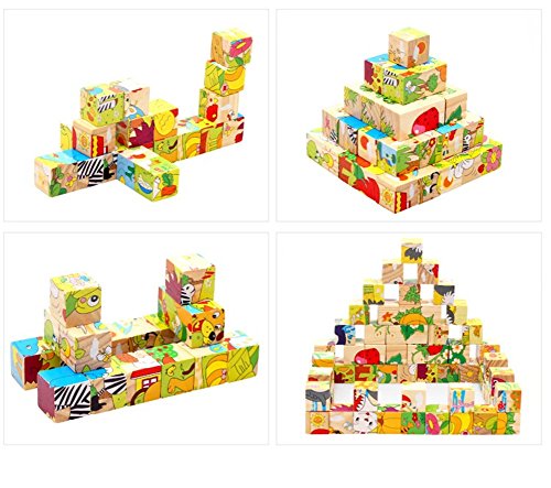 PROW® Bloques de Cubo de Madera de 16 Piezas Rompecabezas, Elefante, Mono, león, hipopótamo, Cebra, Fox 6 imágenes Puzzle de 14 años niños