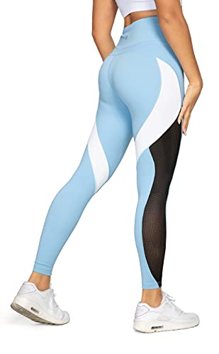 QUEENIEKE Pantalones de yoga para mujer, color de bloqueo de malla, entrenamiento, correr, polainas, medias, talla M, color azul claro