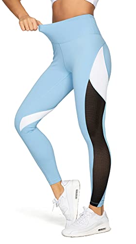 QUEENIEKE Pantalones de yoga para mujer, color de bloqueo de malla, entrenamiento, correr, polainas, medias, talla M, color azul claro