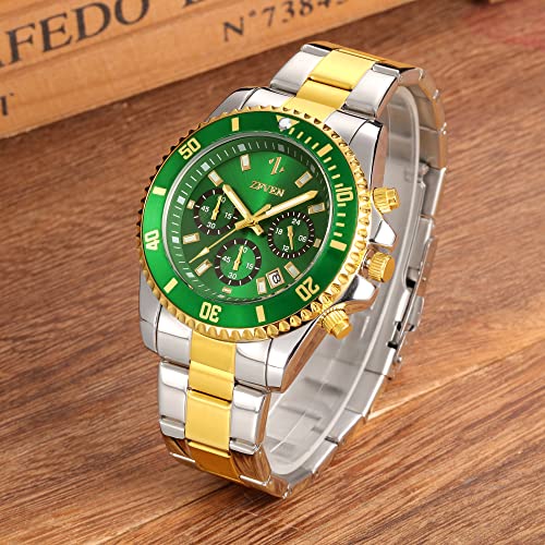 Relojes para Hombre Cronógrafo Relojes de Pulsera Luminosos de Acero Inoxidable para Hombre Relojes de Fecha de Cuarzo Analógico Clásico de Negocios de Moda Multifuncional (Green Gold)