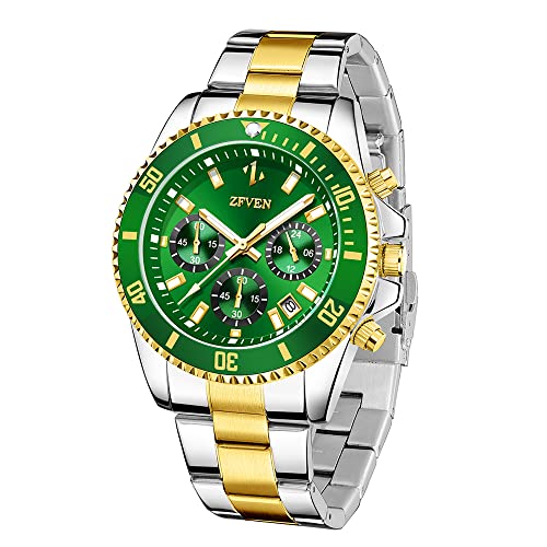 Relojes para Hombre Cronógrafo Relojes de Pulsera Luminosos de Acero Inoxidable para Hombre Relojes de Fecha de Cuarzo Analógico Clásico de Negocios de Moda Multifuncional (Green Gold)