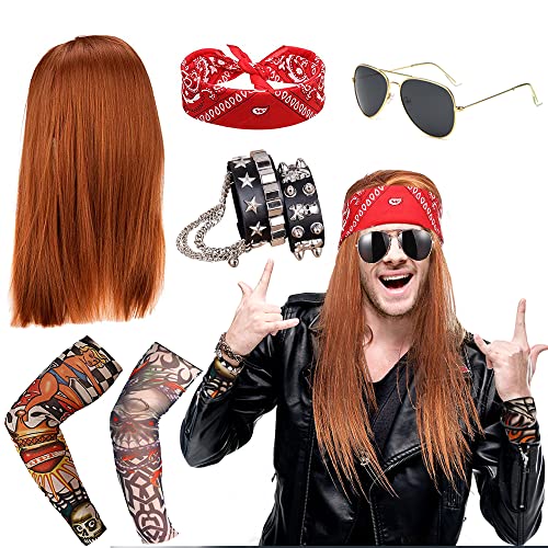 Rockstar 70s 80s - Peluca de metal pesado para discoteca, accesorios para disfraz, collar con colgante de cruz pulida, sombrero largo y rizado, gafas de sol, disfraz de rocker, accesorios para disfraz