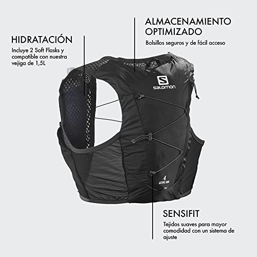 Salomon Active Skin 4 Set Chaleco de Hidratación Unisex, con Botella Blanda (2 x 500ml), Trail Running, Trekking y Senderismo, Negro, Large