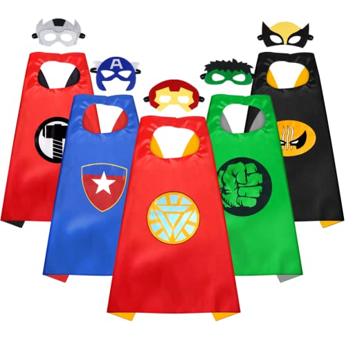 Sinoeem Capa de Superhéroe para Niños - 5 Capa y 5 Máscaras - Ideas Kit de Valor de Cosplay de Diseño de Fiesta de Cumpleaños de Navidad - Juguetes para Niños y Niñas