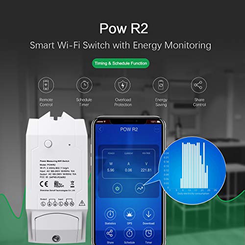 Sonoff POW R2 Interruptor de Control Remoto Inalámbrico Monitor de Alimentación Remoto wifi Inteligente (Mida de Consumo de Energía, potencia, Voltaje, Corriente) para Alexa, Google Nest