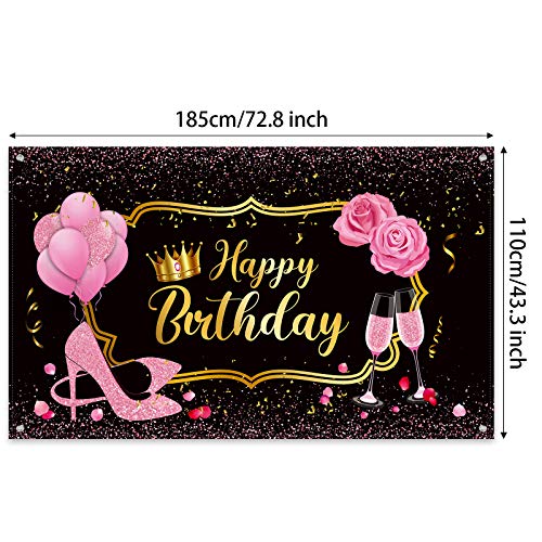 Sumind Fondo de Fiesta de Happy Birthday de Mujeres Fondo de Fotografía de Cumpleaños de Oro Rosa Dulce de Tela con Globos Tacones Rose Champagne para Mujer Cumpleaños, 72,8 x 43,3 Pulgadas