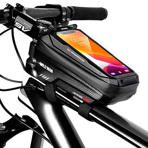 TEUEN Bolsa Bicicleta Impermeable Bolsa Movil Bici con Ventana para Pantalla Táctil, Bolsa para Cuadro Bicicleta Montaña para Smartphones de hasta 6,5" (Negro Rojo)