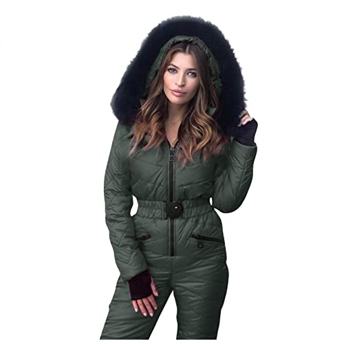 Traje de esquí para mujer, mono de esquí para la nieve, mono de esquí cálido de una pieza, chaqueta de invierno con capucha y cremallera, Army Green B8, L