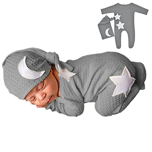 Trajes de fotografía de punto de ganchillo para bebé, 2 piezas recién nacidos foto Prop mameluco sombreros traje accesorios para bebés (gris claro)