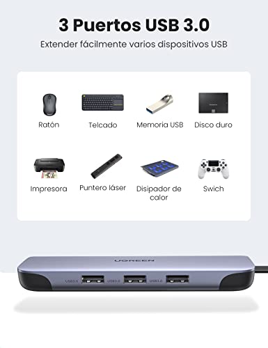 UGREEN HUB USB C 9 En 1 a HDMI 4K, 3 Puertos USB 3.0, Lector Tarjeta SD TF, Gigabit Ethernet, VGA 1080P, 100W Power Delivery Compatible Macbook Pro Air M1 2020 iPad Pro Galaxy S21 Chromecast Google TV