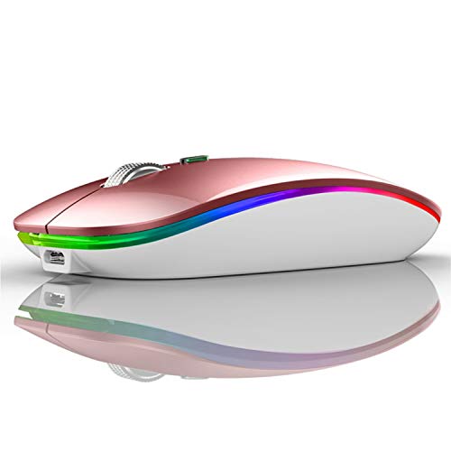 Uiosmuph G12 Inalámbrico Recargable, Ultra Delgado Receptor Nano Wireless Mouse 1600 dpi Ajustables Silencioso Mini Mouse Multicolor LED para Computadora Portátil, PC, Portátil, Macbook (Oro Rosa)