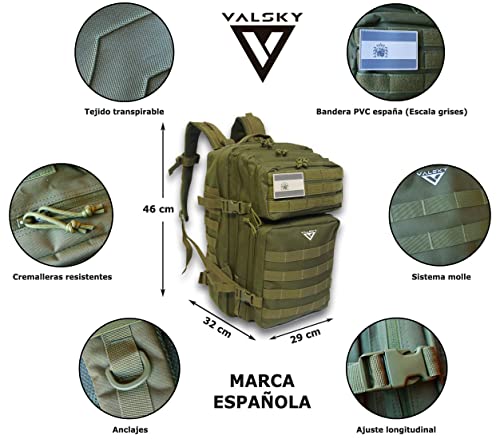 VALSKY Mochila tactica 45L + Bolsa de hidratación + Funda impermeable + Bandera España PVC. Mochila Militar para senderismo , mochila crossfit, mochila trekking. (45L, Verde España)