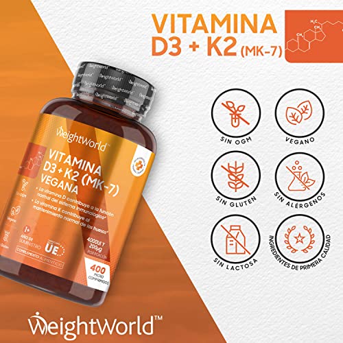 Vitamina D3 y K2 400 Comprimidos Veganos - Vitamina D3 4000UI Vitamina K2 200 µg Alta Biodisponibilidad MK7 99,7% All-Trans, Vit D Contribuye al Mantenimiento Normal Sistema Inmune, +1 Año Suministro