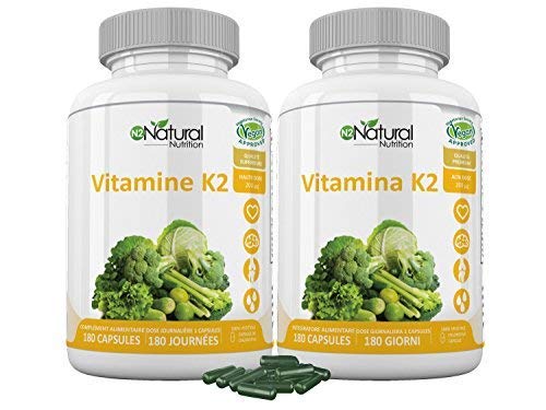 Vitamina K2 MK7. Suplemento Natural . Protege Corazón, Cerebro. Huesos Fuertes. 180 Cápsulas de Clorofila 200mg. VEGANO. Dosis: 1 al día. CE. N2 Natural Nutrition