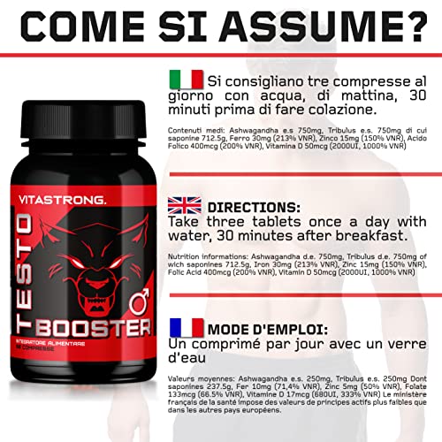 Vitastrong Testosterona Booster | Aumento extremo de niveles de testosterona | 100% natural y seguro | Fabricado en Italia | Para aumento de masa magra