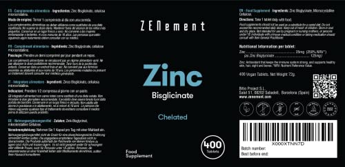 Zenement | Zinc, 25 mg (Bisglicinato), 400 Comprimidos | Quelado | Antioxidante, ayuda al sistema inmunológico, piel, cabello y vista | Vegano