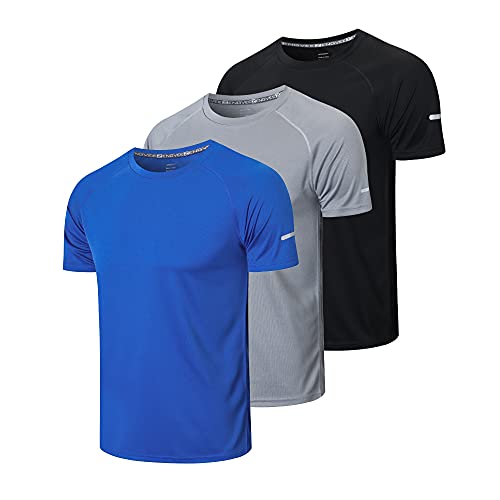 ZENGVEE 3 Piezas Camiseta Running Hombre Camiseta Deportiva Hombre de Secado Rápido Deportiva Hombre para Correr Running Fitness(520-Black Gray Blue-XL)