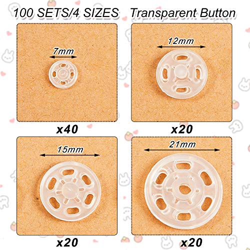 100 Pares de Botones de Plástico Sujetadores a Presión de Plástico Botones Invisibles de Ropa de Bricolaje Botones para Costura de Camisa DIY, 7 mm, 12 mm, 15 mm, 21 mm (Color Claro)