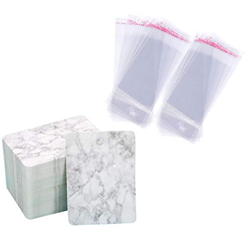 100 tarjetas de presentación de pendientes y collares con 100 bolsas de sellado automático, diseño de mármol, etiquetas de papel en blanco hechas a mano para pendientes, pendientes, collares, 5 x 7 cm