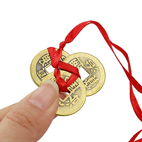 2 monedas chinas Feng Shui significativas de la fortuna con cuerdas rojas para la riqueza y la buena suerte