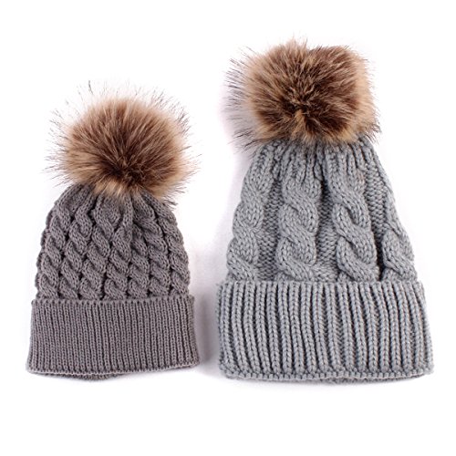2 unids padre-hijo sombrero calentador, madre e hija/hijo invierno cálido sombrero de punto familia Crochet Beanie Ski Cap, gris