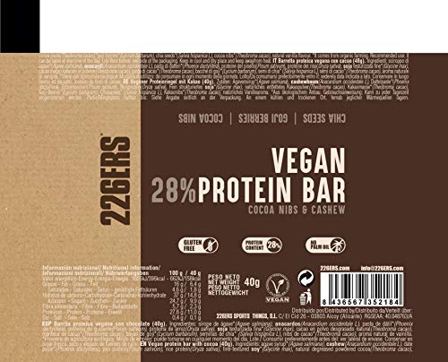 226ERS Vegan Protein Bar | Barrita de Proteína Vegana, Barra Proteíca con Superfoods | Proteína de Guisante + Proteína de Arroz | Sin Gluten, Cacao con Anacardos - 1 barra