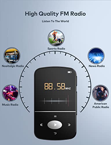 32GB Clip Reproductor MP3, Bluetooth 4.2 Portátil Deportivo Reproductor de Música, Súper Ligero MP3 Player con Radio FM/Podómetro/grabadora, con Botones Táctiles, Clip Trasero, Soporta hasta 128GB