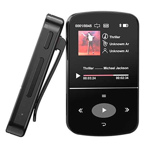 32GB Clip Reproductor MP3, Bluetooth 4.2 Portátil Deportivo Reproductor de Música, Súper Ligero MP3 Player con Radio FM/Podómetro/grabadora, con Botones Táctiles, Clip Trasero, Soporta hasta 128GB