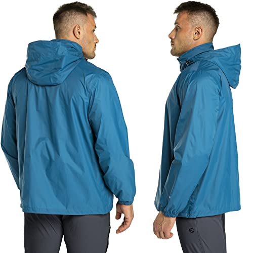 33,000ft Packable Rain Jacket - Chaqueta impermeable ligera para hombre con capucha Stowaway activa, cortavientos al aire libre, Azul / Patchwork, Medium