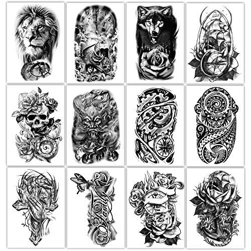 36 hojas de pegatinas de tatuajes temporales, 12 hojas de tatuajes falsos de cuerpo, brazo, pecho, hombro, tatuajes para hombres o mujeres con 24 hojas de tatuajes temporales negros diminutos.