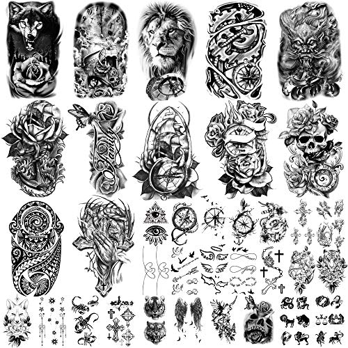36 hojas de pegatinas de tatuajes temporales, 12 hojas de tatuajes falsos de cuerpo, brazo, pecho, hombro, tatuajes para hombres o mujeres con 24 hojas de tatuajes temporales negros diminutos.