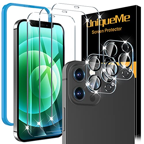 [5 Pack] UniqueMe 3 Pack Protector de Pantalla Compatible con iPhone 12 Pro Max (6.7 pulgadas) y 2 Pack Protector de lente de cámara Cristal Templado, [9H Dureza][Sin Burbujas] HD Vidrio Templado