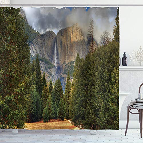 ABAKUHAUS Yosemite Cortina de Baño, Yosemite Parque de otoño, Material Resistente al Agua Durable Estampa Digital, 175 x 200 cm, Gris Verde