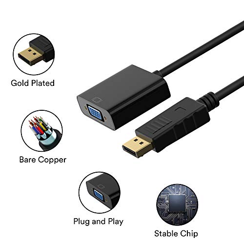 Adaptador DP a VGA, chapado en oro DisplayPort a VGA macho a hembra 1080P (negro)