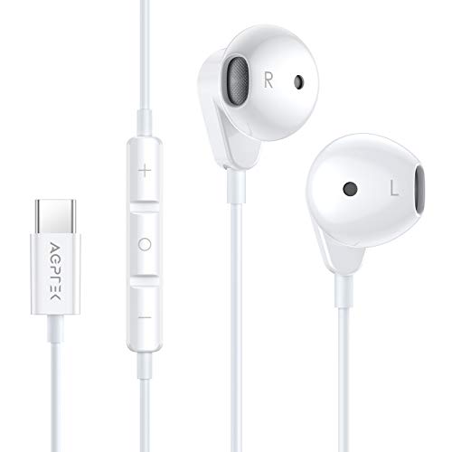 AGPTEK Auriculares USB Tipo C In-Ear Sonido Estéreo con Micrófono y Control de Volumen para Huawei P30/P20/Mate20, Xiaomi Mi 5/6/8/9, Blanco