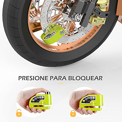 AGPTEK Candado Disco Moto con 1.5M Cable de Recordatorio, Candado Bloqueo 7mm con Alarma 110DB Antirrobo para Motos, Motocicletas, Bicicletas, Verde
