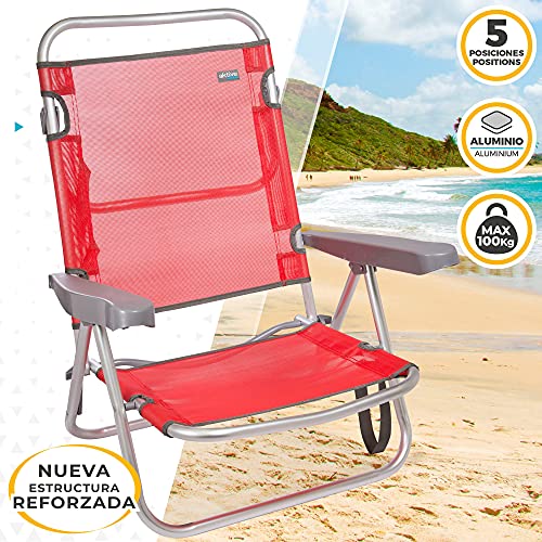 Aktive 53970 - Silla plegable de playa con respaldo reclinable, 5 posiciones, medidas: 61x48x80 cm, color rojo, con asa de transporte, Aktive Beachhm