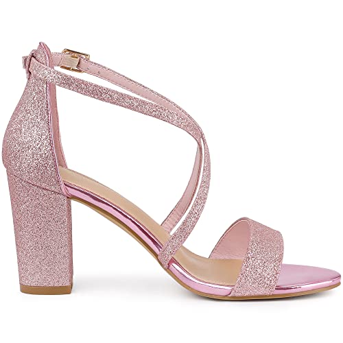 Allegra K Women's Glitter Crisscross Strap Block Heels Sandals Pink US 7/UK 5/EU 37