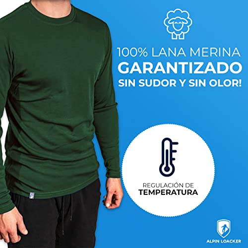 Alpin Loacker - Camisetas Manga Larga hombre termica, 100% Lana de Merino - para deporte, running hombres, Senderismo,Trekking y Esquí, Verde M