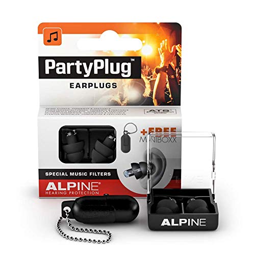 Alpine PartyPlug Tapones para los oídos para Fiestas, festivales de música y conciertos - Cómodo material hipoalergénico + Contenedor llavero - Tapones reutilizables - Negro