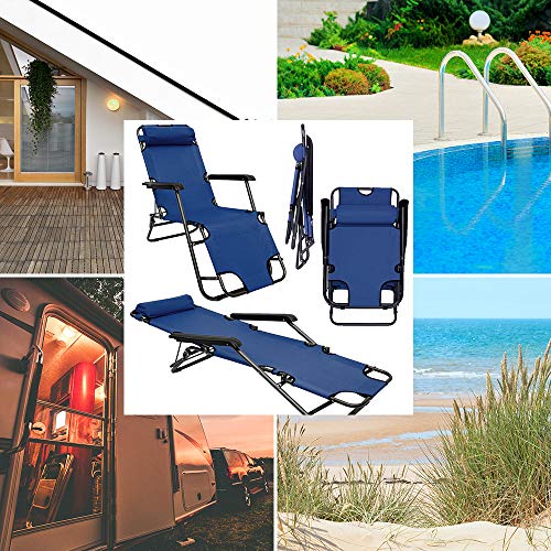 AMANKA Tumbona Plegable | Cómoda Silla de Playa 153 cm + Reposacabezas + Reposapiernas + Respaldo Reclinable | Azul Oscuro