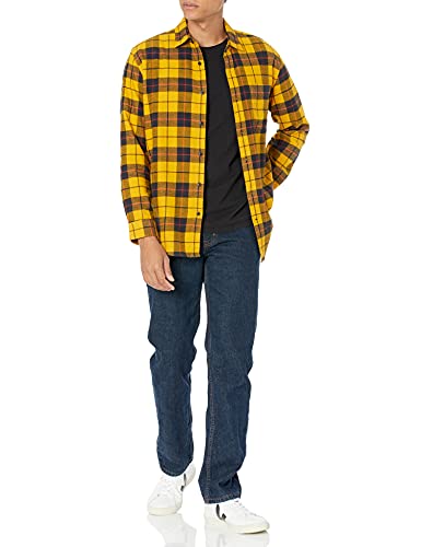 Amazon Essentials - Camisa de franela a cuadros de manga larga y ajuste regular para hombre, Amarillo (Yellow Plaid), US L (EU L)