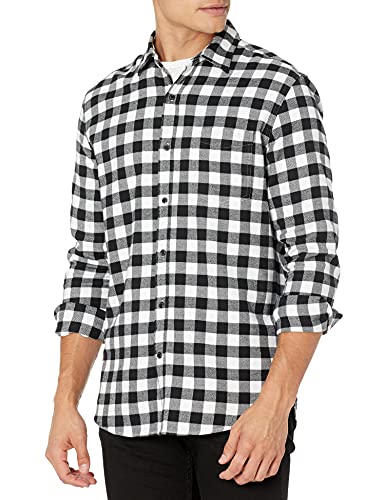 Amazon Essentials - Camisa de franela a cuadros de manga larga y ajuste regular para hombre, Blanco (Black Buffalo Plaid), US XL (EU XL - XXL)