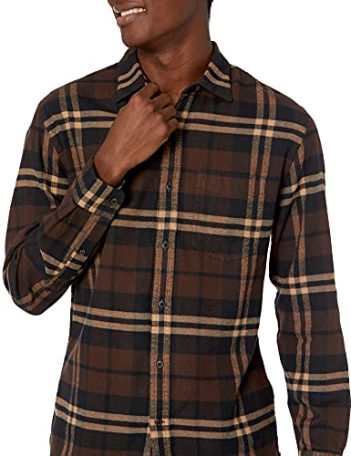 Amazon Essentials - Camisa de franela a cuadros de manga larga y ajuste regular para hombre, Marrón (Brown Plaid), US L (EU L)