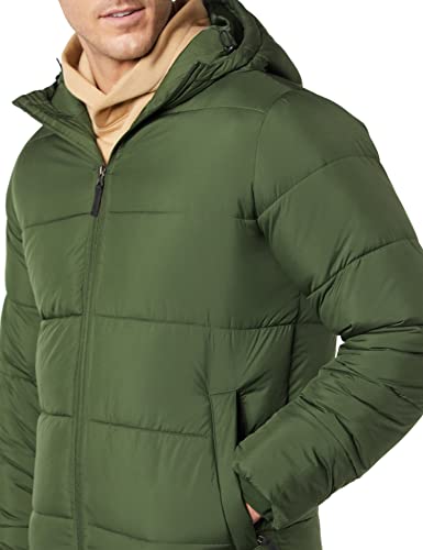 Amazon Essentials Longer-Length Heavyweight Hooded Puffer Jacket Abrigo de Vestir, Verde Oliva Oscuro, L